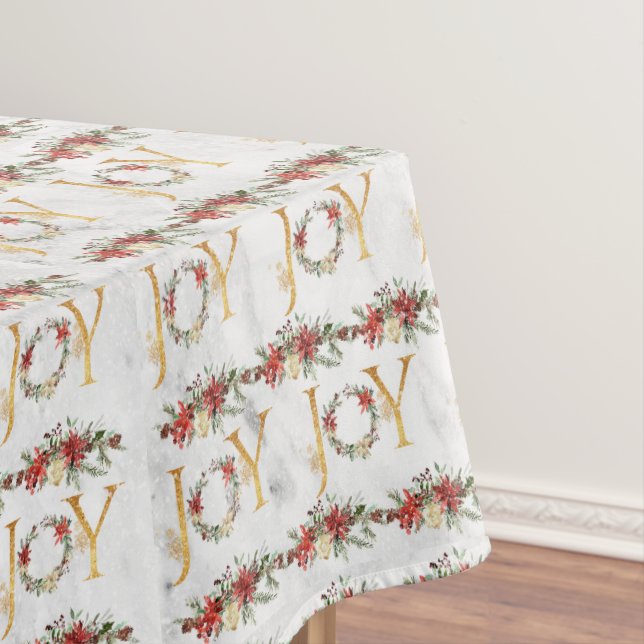 Chic Festive Joy Red Poinsettia Wreath Christmas Tablecloth (In Situ)