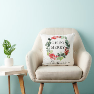 Chic Festive Wreath Oh So Merry Script Christmas Cushion