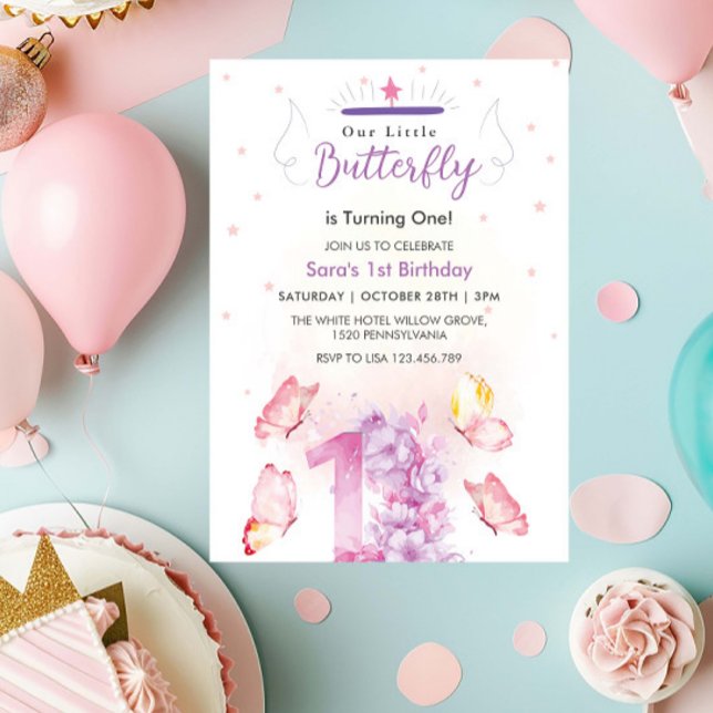 Chic First 1st Birthday Purple Floral & Butterfly Invitation (Creator Uploaded)