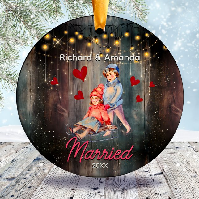 Chic first Christmas married cute couple  Ceramic Ornament (Creator Uploaded)