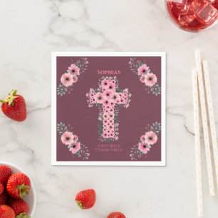 Chic First Holy Communion Girl Cross Pink Flower Napkin