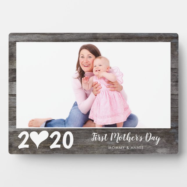Chic First Mother's Day Heart Wood Keepsake Photo Plaque (Front)