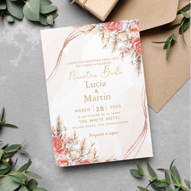 Chic Floral and leaf Spanish Nuestra Boda Invitation (Creator Uploaded)