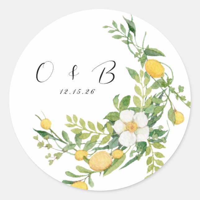 Chic Floral and Lemon Greenery Monogram Wedding Classic Round Sticker (Front)