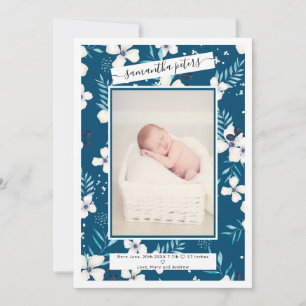 Chic floral beige blue watercolor photo baby birth announcement