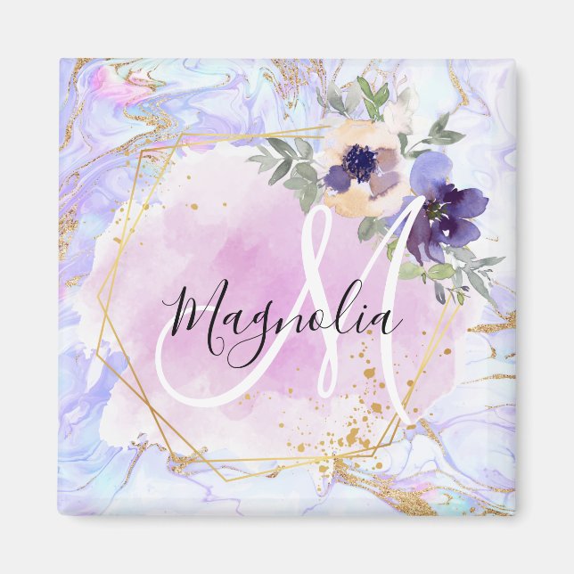 Chic Floral Blue Pink Gold Rainbow Marble Monogram Magnet (Front)