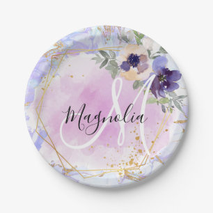 Chic Floral Blue Pink Gold Rainbow Marble Monogram Paper Plate