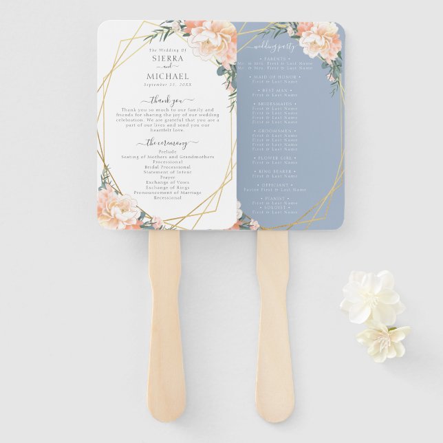 Chic Floral Blush Gold Dusty Blue Wedding Program Hand Fan (Front and Back)