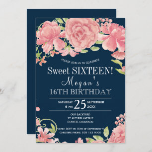 Chic floral blush peonies on navy sweet sixteen invitation