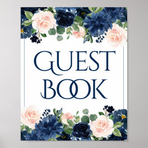 Chic Floral   Blush Pink Navy Blue Guest Book Sign