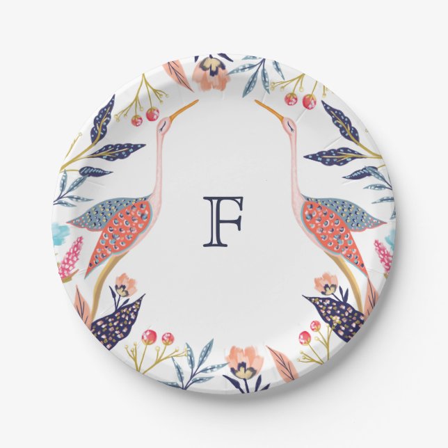 Chic Floral Botanical Monogram Stork Baby Shower Paper Plate (Front)