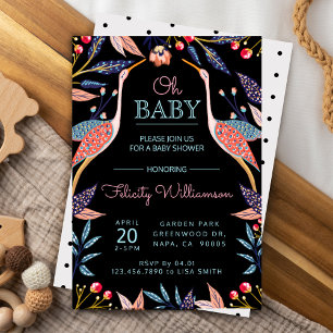 Chic Floral Botanical Stork Baby Shower Invitation