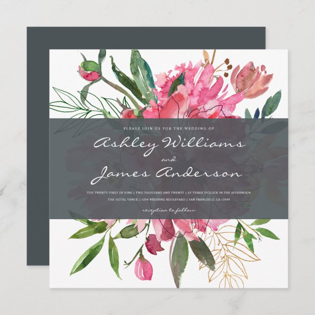 Chic Floral Botanical Wedding Invitation | Square (Front/Back)