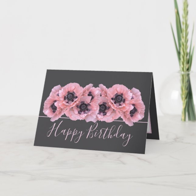 Chic Floral Bouquet Pink Poppy Botanical Birthday Card (Front)