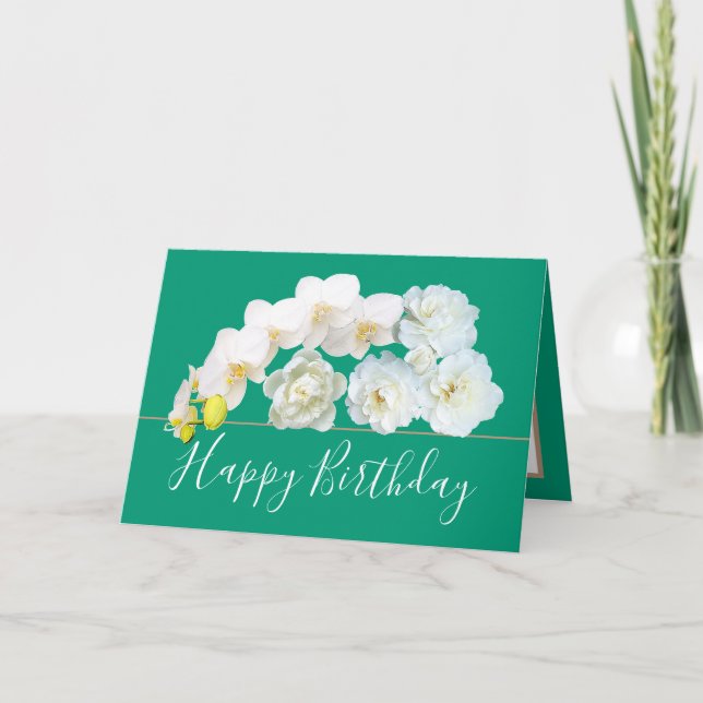 Chic Floral Bouquet Rose & Orchid Flowers Birthday Card (Front)