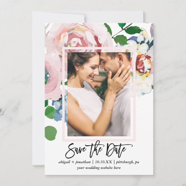 Chic Floral Bouquet with Brush Script Two Photo Save The Date (Front)
