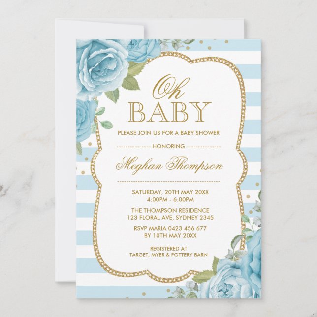 Chic Floral Boy Baby Shower Invitation Blue Gold (Front)