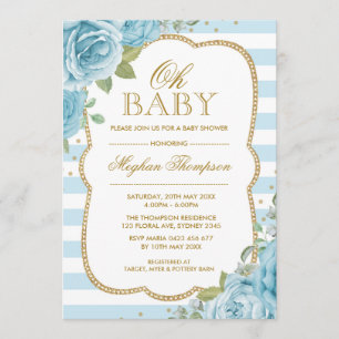 Chic Floral Boy Baby Shower Invitation Blue Gold
