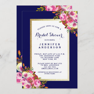 Chic Floral Bridal Shower Invite   Navy Blue Pink