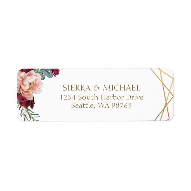 Chic Floral Burgundy Gold Wedding Return Address Label (Front)