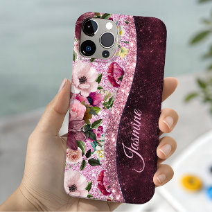 Chic floral Burgundy pink purple glitter monogram iPhone 13 Case