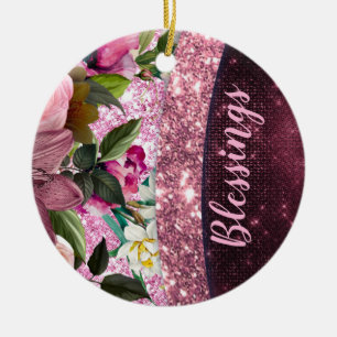 Chic floral Burgundy pink purple glitter monogram Ceramic Ornament