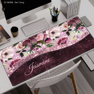 Chic floral Burgundy pink purple glitter monogram Desk Mat