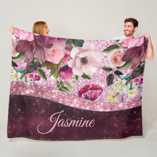 Chic floral Burgundy pink purple glitter monogram Fleece Blanket