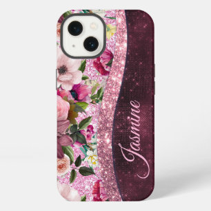 Chic floral Burgundy pink purple glitter monogram iPhone 13 Case