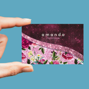 Chic floral Burgundy pink purple glitter monogram Magnetic Business Card