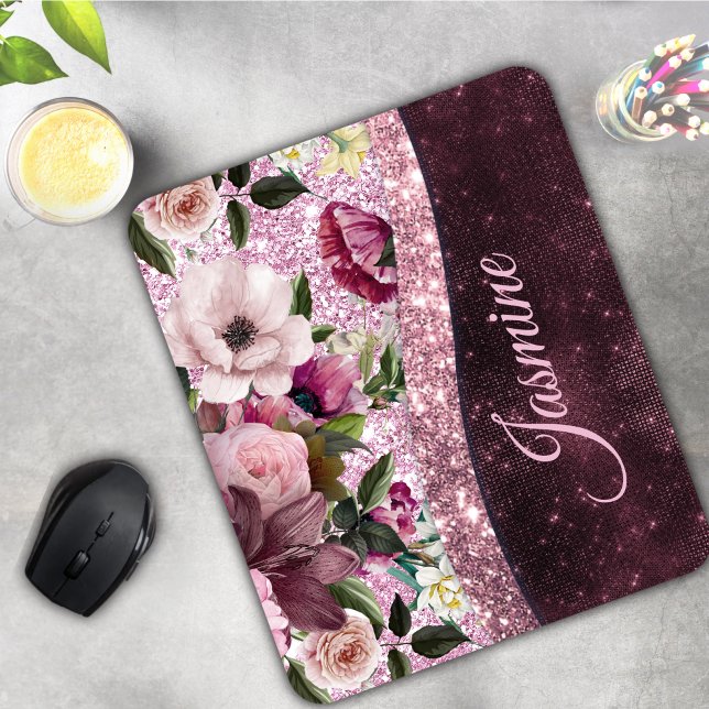 Chic floral Burgundy pink purple glitter monogram Mouse Pad (Creator Uploaded)