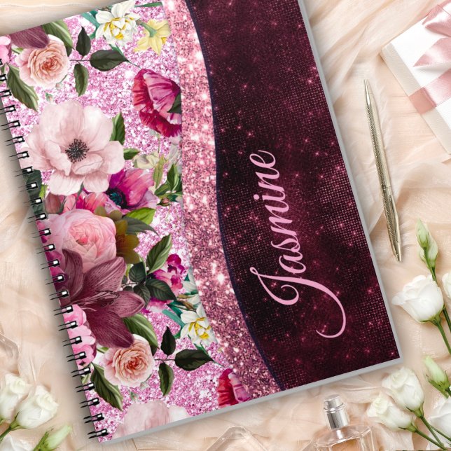 Chic floral Burgundy pink purple glitter monogram Notebook (Creator Uploaded)