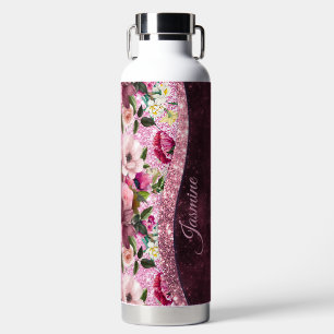 Chic floral Burgundy pink purple glitter monogram Water Bottle