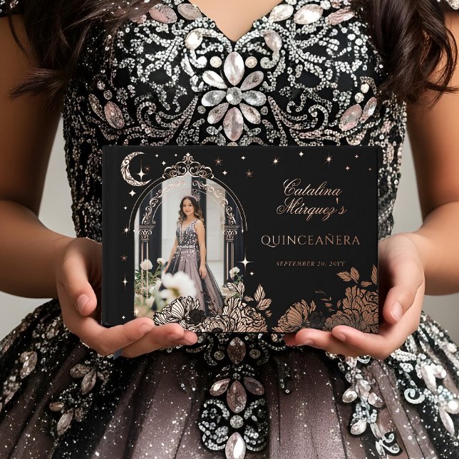 Chic Floral Celestial Moon Stars Photo Quinceañera Guest Book (Chic Floral Celestial Moon Stars Photo Quinceañera Foil Guest Book1)