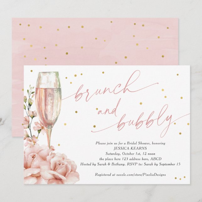 Chic  floral champagne flutes brunch and bubbly in invitation (Front/Back)