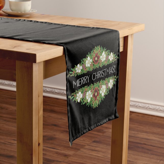 Chic Floral Christmas Roses, Hellebores, Holly Ivy Short Table Runner (In Situ)