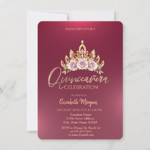 Chic Floral Crown Burgundy Quinceañera  Invitation