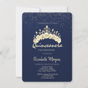Chic Floral Crown Navy Blue Gold Quinceañera  Invitation