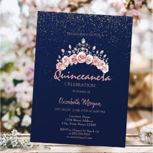Chic Floral Crown Navy Blue Quinceañera  Invitation