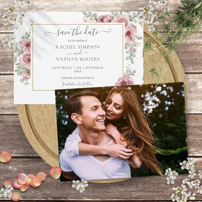 Chic Floral Dusty Rose Photo Wedding Save The Date (Chic Floral Dusty Rose Photo Wedding Save The Date)