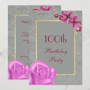 Chic Floral & Elegant Damask 100th Birthday Invitation