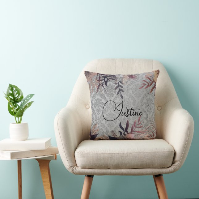 Chic Floral Elegant Silver Damask Personalised  Cushion (Chair)
