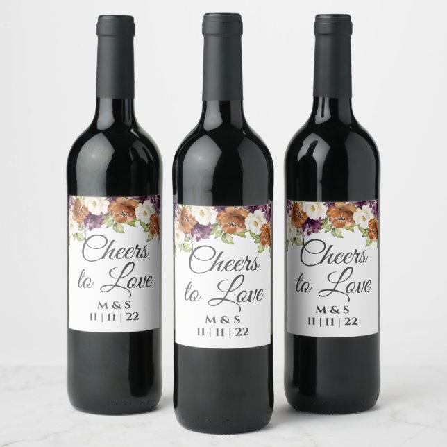 Chic Floral Fall Wedding Cheers to Love Wine Label (Bottles)