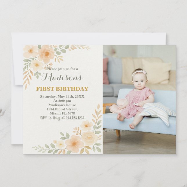 Chic Floral First Birthday Invitation (Front)