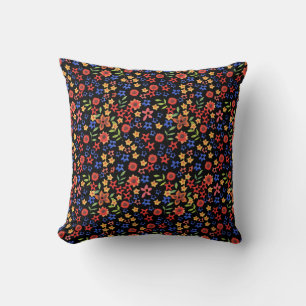 Chic Floral Folk Art Style Pattern on Black Cushion