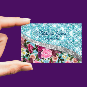 Chic floral glittery aqua purple silver monogram 	Magnetic business card