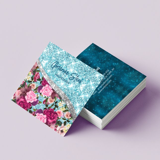 Chic floral glittery aqua purple silver monogram square business card (Creator Uploaded)
