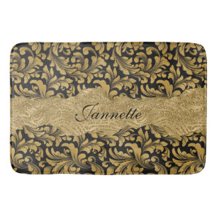 Chic Floral glittery Faux Black Gold Monogram Bath Mat