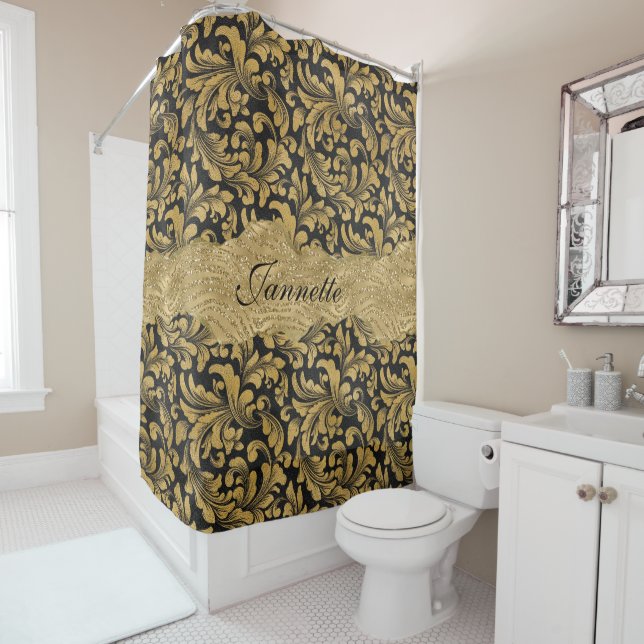 Chic Floral glittery Faux Black Gold Monogram Shower Curtain (In Situ)