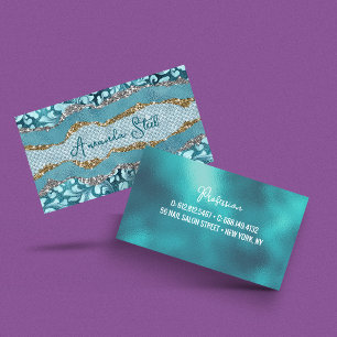 Chic floral glittery gold Turquoise teal monogram  Business Card